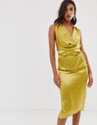 Asos Design Midi Dress With Drape Cowl Neck In High Shine Satin-green