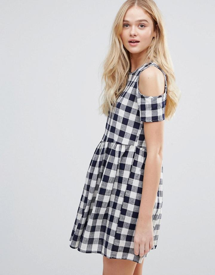 Qed London Cold Shoulder Gingham Smock Dress - Navy