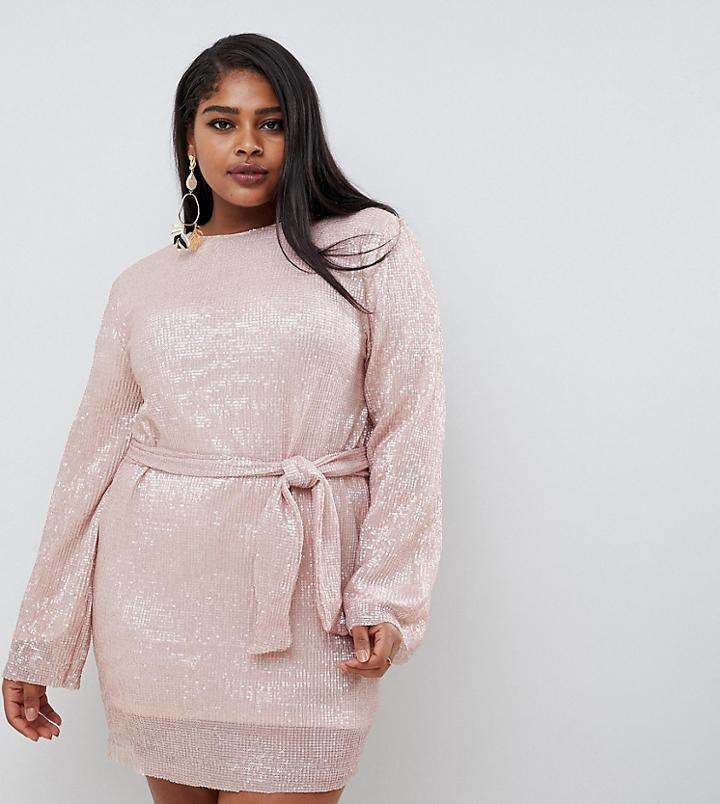 Club L Plus Allover Sequin Shift Dress With Belt Detail In Soft Pink-beige