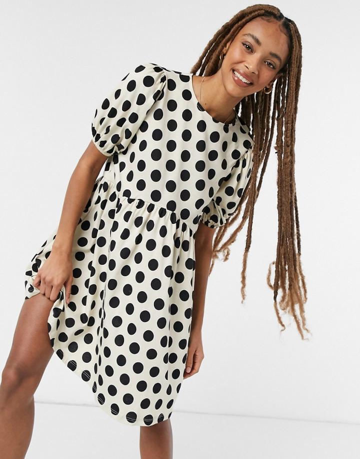 Asos Design Mini Short Puff Sleeve Mini Dress In Cream And Black Dots-white