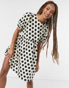 Asos Design Mini Short Puff Sleeve Mini Dress In Cream And Black Dots-white