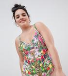 Asos Design Curve Underwired Swimsuit In Festival Tropical Print - Multi
