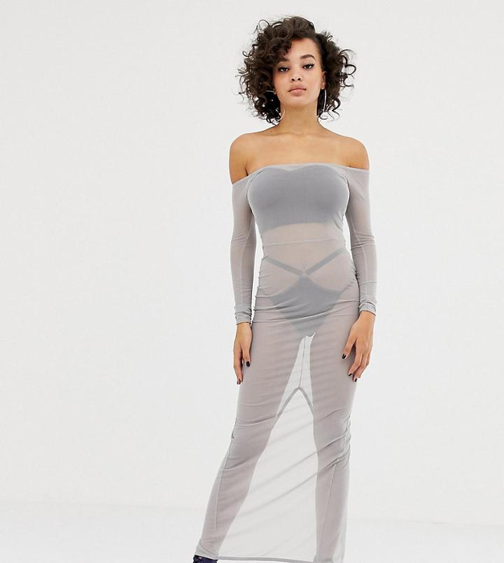Asos Design X Laquan Smith Off Shoulder Midi Dress In Mesh - Gray