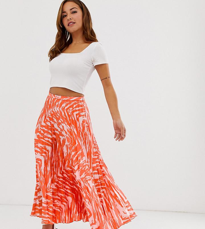 Asos Design Petite Satin Pleated Midi Skirt In Red Zebra Print - Multi