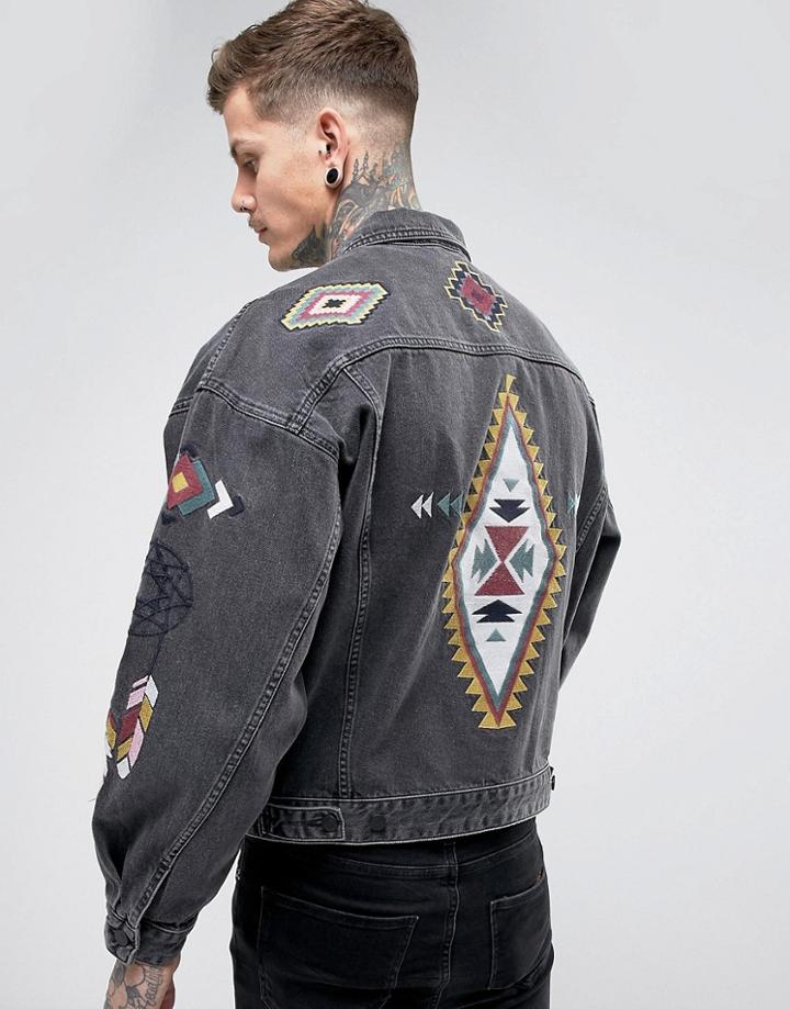 Asos Oversized Denim Jacket With Embroidery In Washed Black - Black