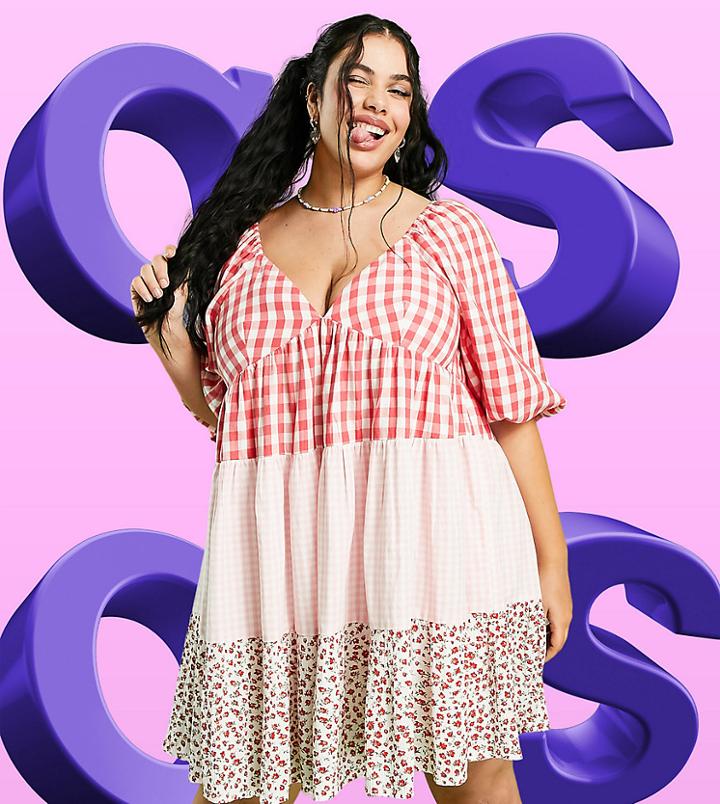 Asos Design Curve Mixed Gingham And Floral Tiered Mini Smock Dress-multi