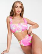Asos Design Fuller Bust Recycled Reversible Square Neck Crop Bikini Top In Pink And Bold Abstract Print-multi