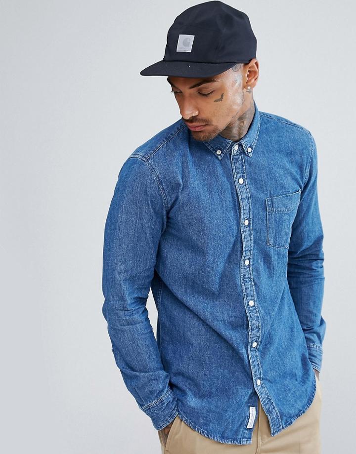 Pull & Bear Regular Fit Denim Shirt In Mid Wash - Blue