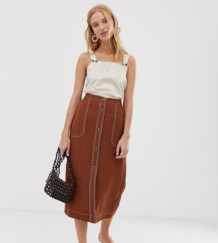 Mango Contrast Stitch Midi Skirt In Rust - Brown