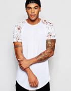 Siksilk Raglan Longline T-shirt With Retro Floral Print Sleeve - White