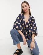 Asos Design Kimono Top In Cotton With Tie Waist In Dot Print-no Color