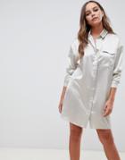 Asos Design Satin Shirt Mini Dress - Beige