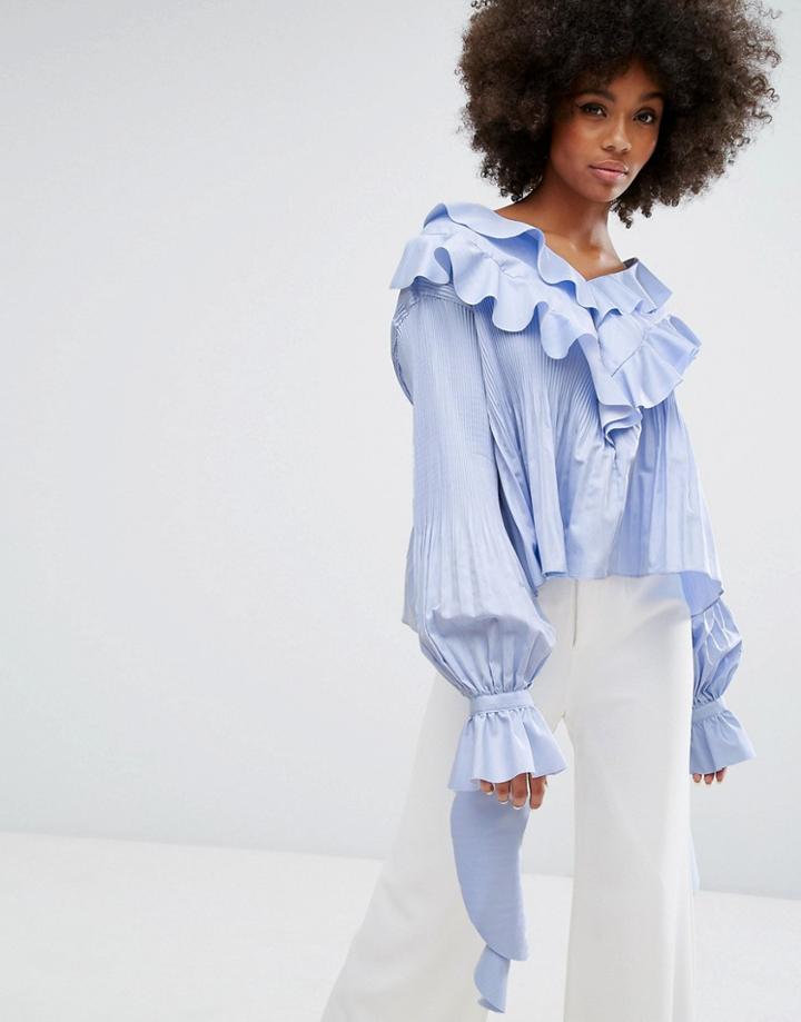 Style Mafia Frill Detail Woven Top - Blue