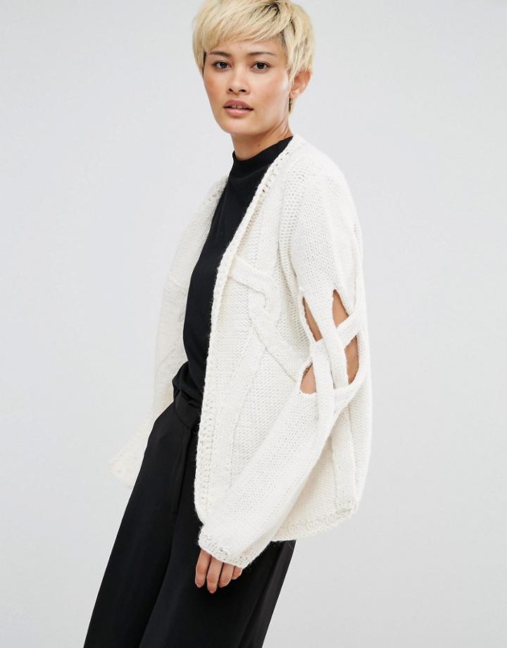 Oneon Hand Knitted Cardigan With Cable And Open Lattice Sleeve - White