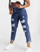 Parisian Ripped Boyfriend Jeans In Dark Blue Acid Wash-blues