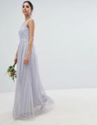 Little Mistress Tulle Maxi Dress With Embellished Pearl Detail-blue