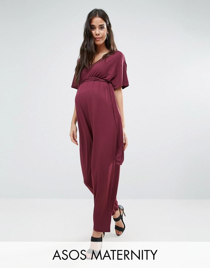Asos Maternity Belted Jumpsuit With Kimono Sleeve - Red