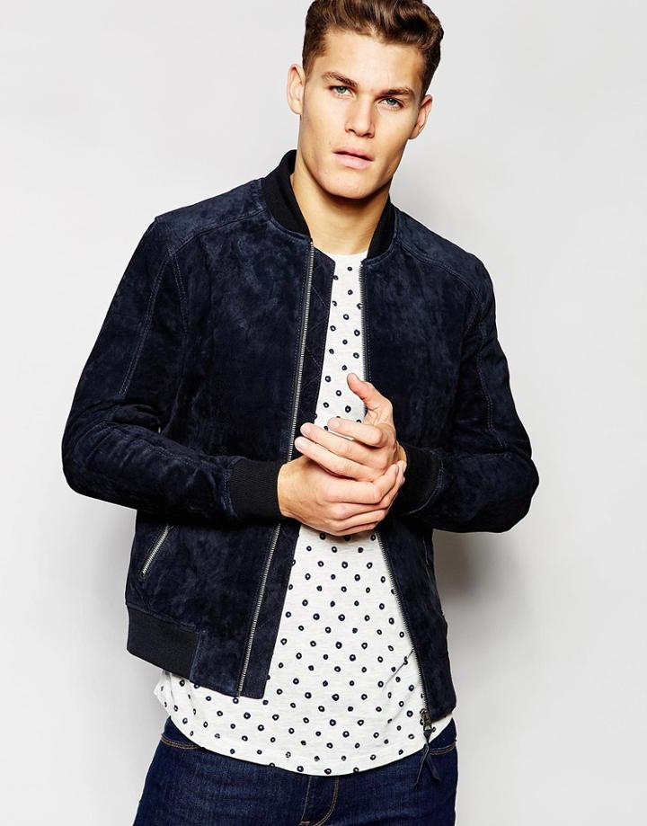 Esprit Suede Bomber Jacket - Navy