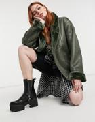 Asos Design Oversized Collar Aviator Jacket In Khaki-green