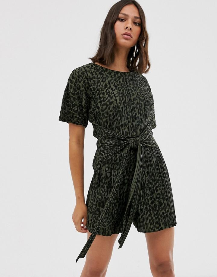 Asos Design Short Sleeve Plisse Romper In Leopard Print-multi