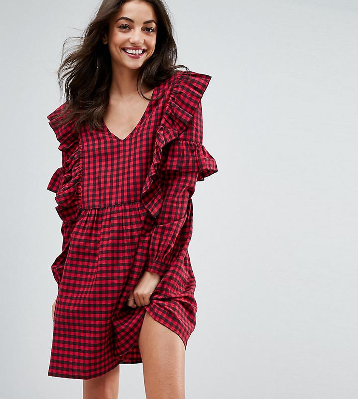 Asos Tall Ultimate Gingham Smock Mini Dress With Ruffles-multi