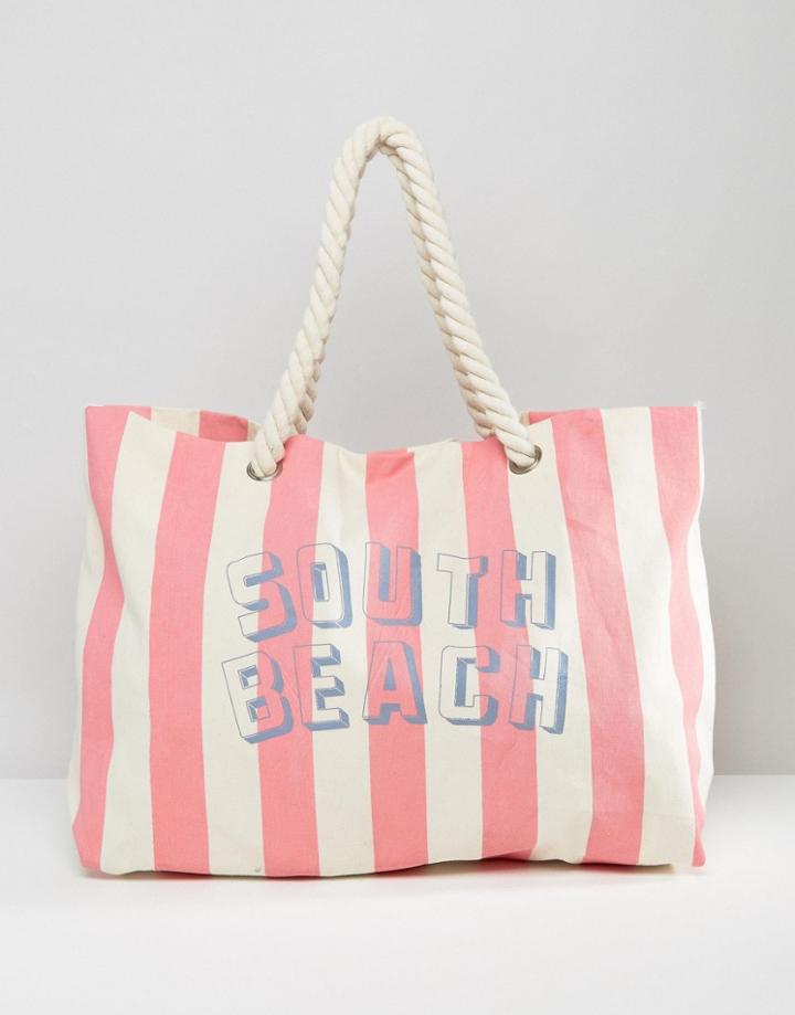 South Beach Stripe Canvas Bag With Rope Handle - Pink