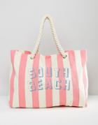 South Beach Stripe Canvas Bag With Rope Handle - Pink