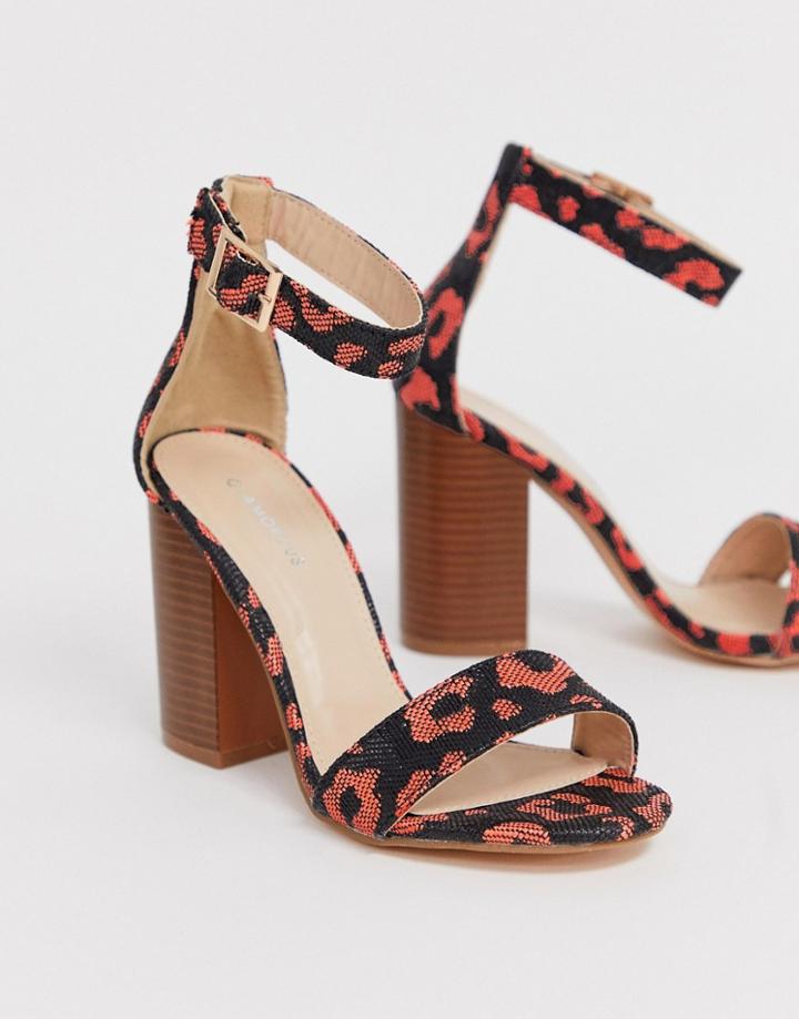 Glamorous Orange Leopard Print Square Toe Stacked Heeled Sandals