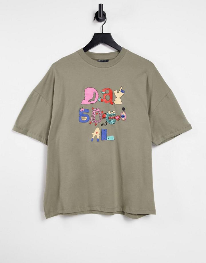 Asos Daysocial Oversized T-shirt With Front Character Logo Print In Green