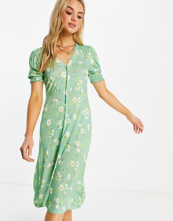 French Connection Floral Midi Tea Dress In Green