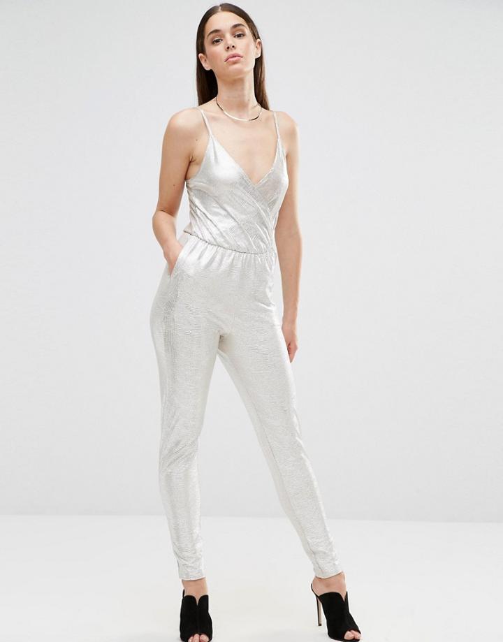 Twin Sister Spaghetti Strap Wrap Jumpsuit - Silver