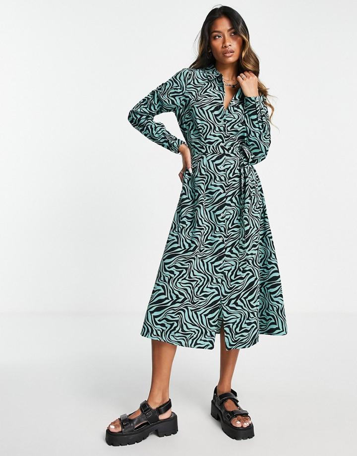 Only Cody Long Sleeve Midi Shirt Dress In Mint Zebra-multi