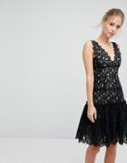 Aijek Midi Dress In Scallop Lace With Peplum Hem - Black