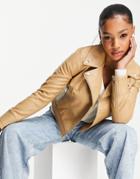 Miss Selfridge Faux Leather Biker Jacket In Camel-neutral