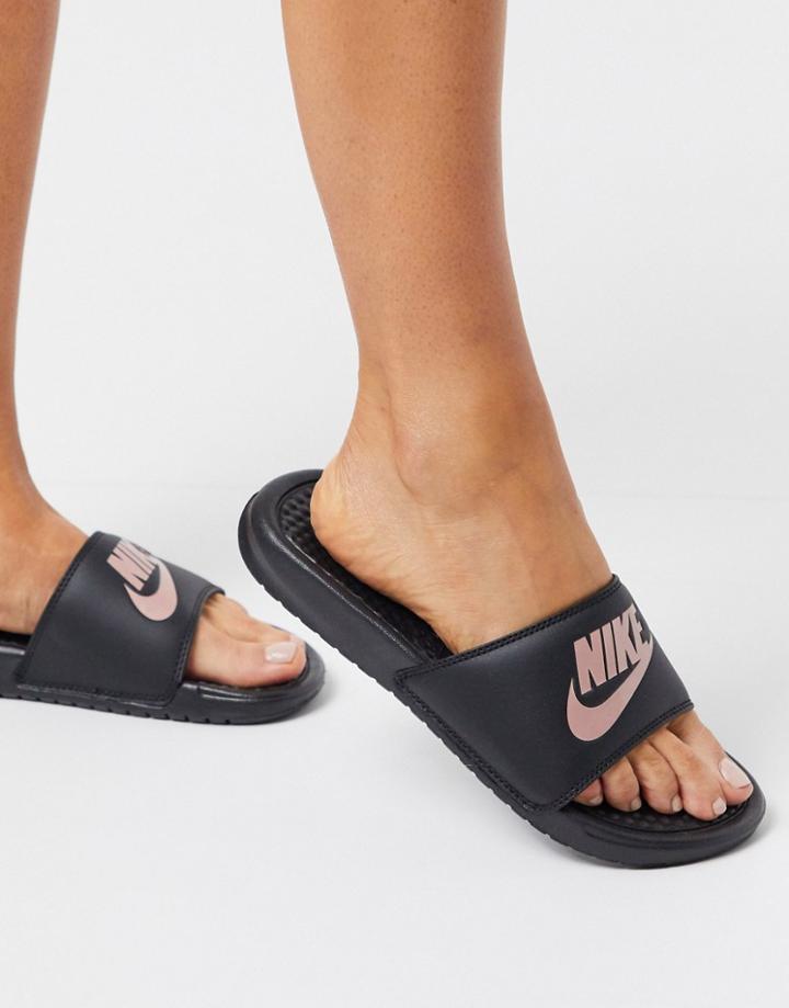 Nike Benassi Jdi Slides In Black/rose Gold