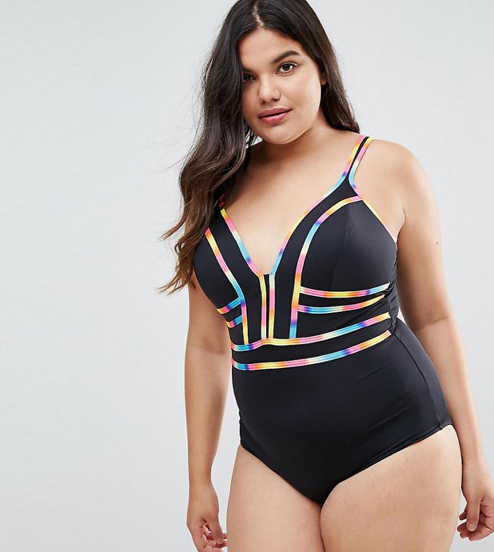 City Chic Neon Trim Swimsuit - Black