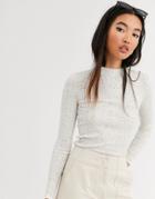 Monki Ribbed High Neck Jersey Top In Off White - White