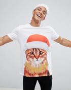 Asos Holidays Longline T-shirt With Cat Print - White