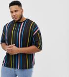 Asos Design Plus Oversized T-shirt With Rainbow Vertical Stripe-black