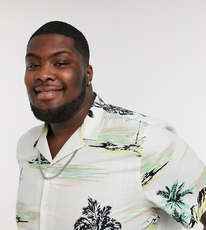 New Look Plus & Tall Vintage Tropical Slub Short Sleeve Shirt In White