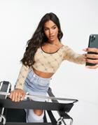 O Dolls Collection Contrast Print Long Sleeve Crop Top In Tan Multi