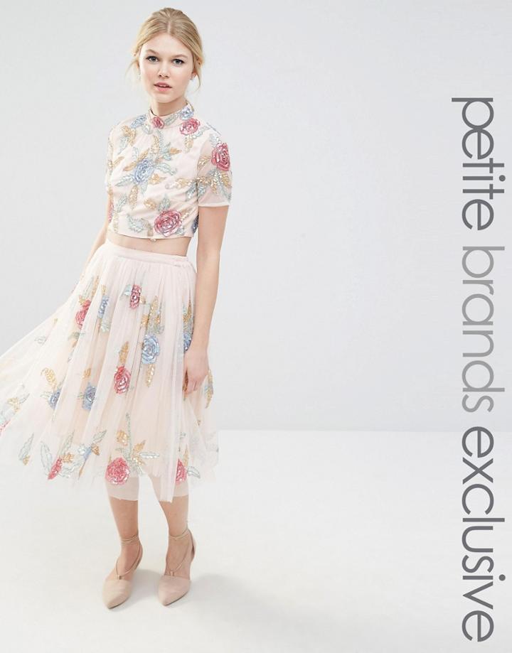 Maya Petite All Over Rose Embellished Full Prom Skirt - Nude