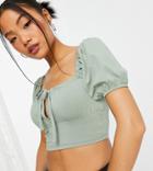 Asos Design Petite Square Neck Tie Detail Volume Short Sleeve Top In Khaki-green