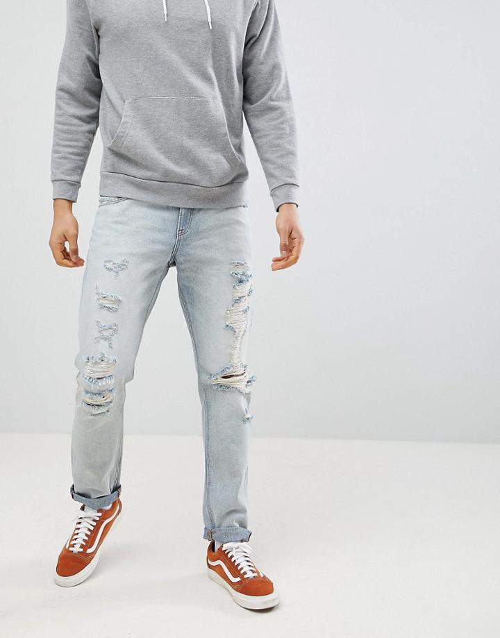 Asos Design Slim Jeans In Light Wash Blue With Heavy Rips - Blue