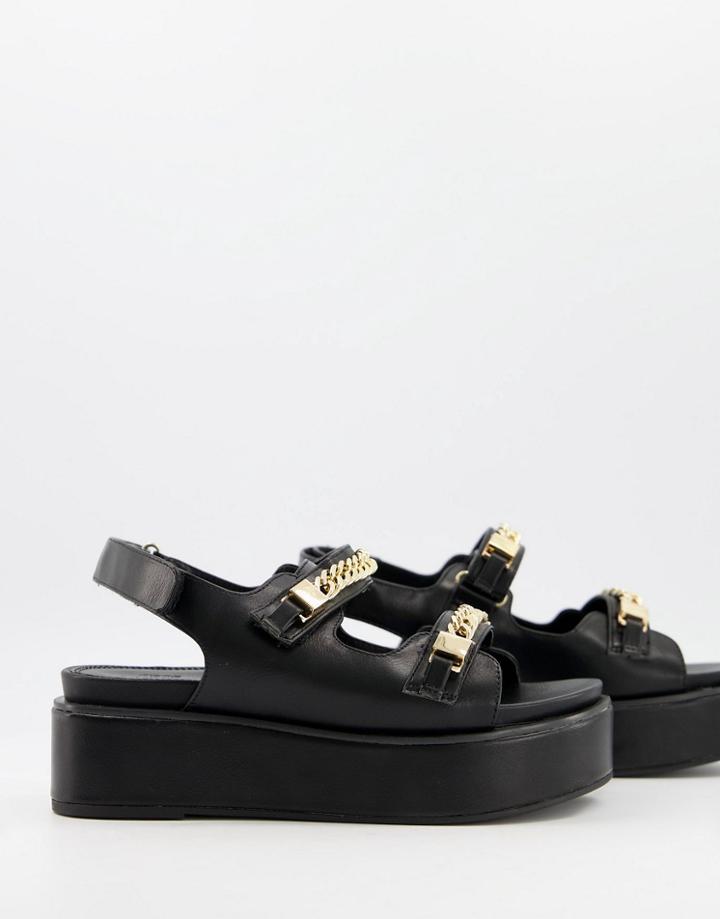 Asos Design Tiger Chunky Chain Detail Flatform Sandals In Black