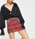 Asos Design Petite Tartan Check Boucle Mini Skirt With Rhinestone Button-multi