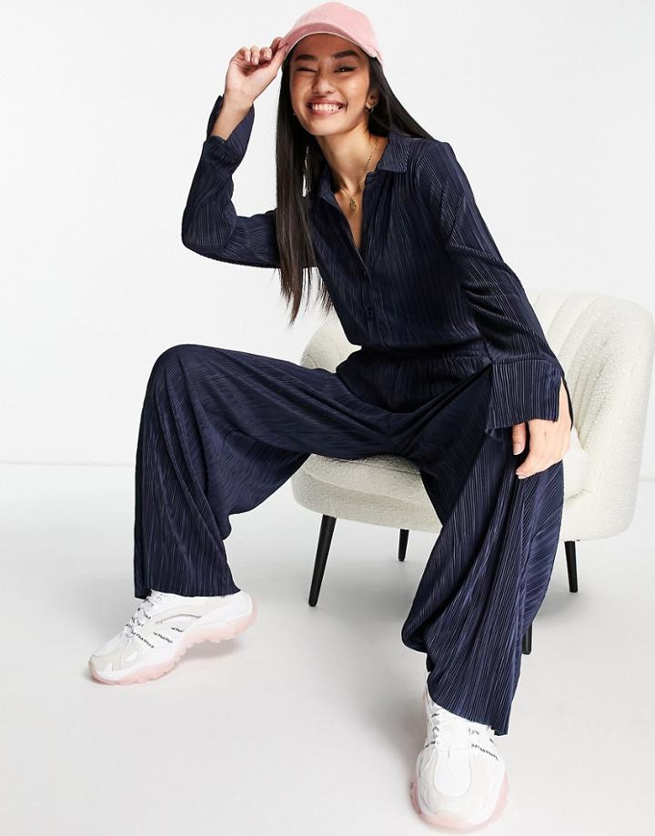 Asos Design Plisse Long Sleeve Shirt Jumpsuit In Navy