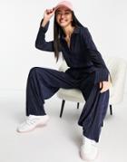 Asos Design Plisse Long Sleeve Shirt Jumpsuit In Navy