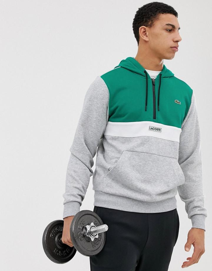 Lacoste Sport Zip Neck Hooded Sweat In Gray