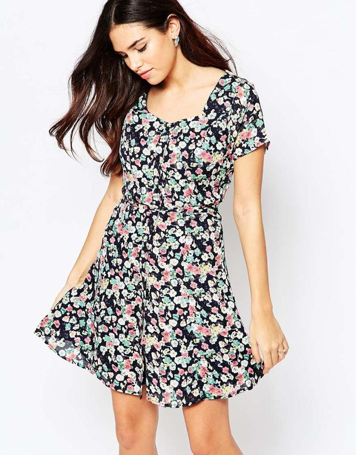 Poppy Lux Olivia Skater Dress In Ditsy Floral Print - Multi